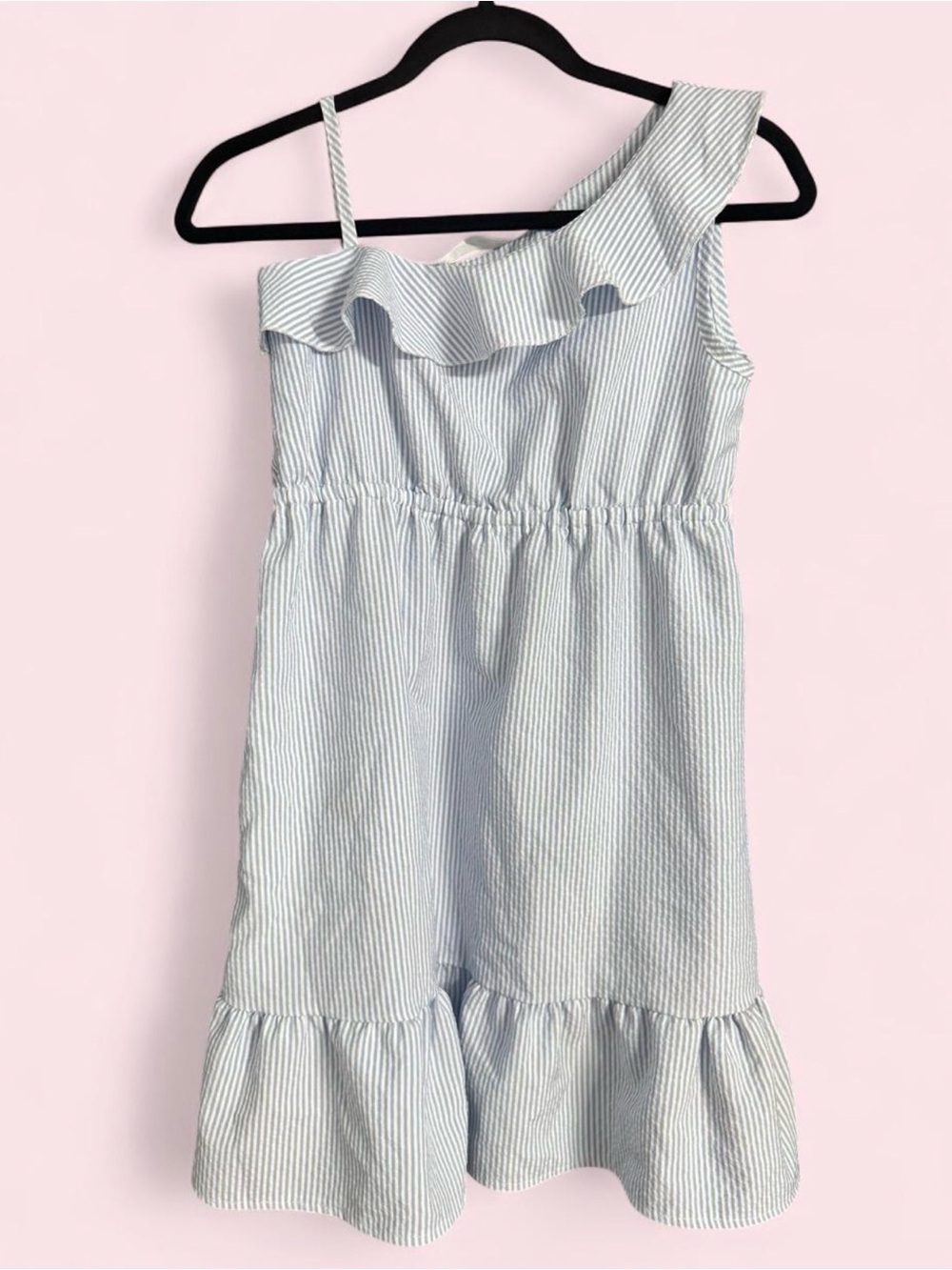 Girls Light Blue Striped One-Shoulder Ruffle Dress